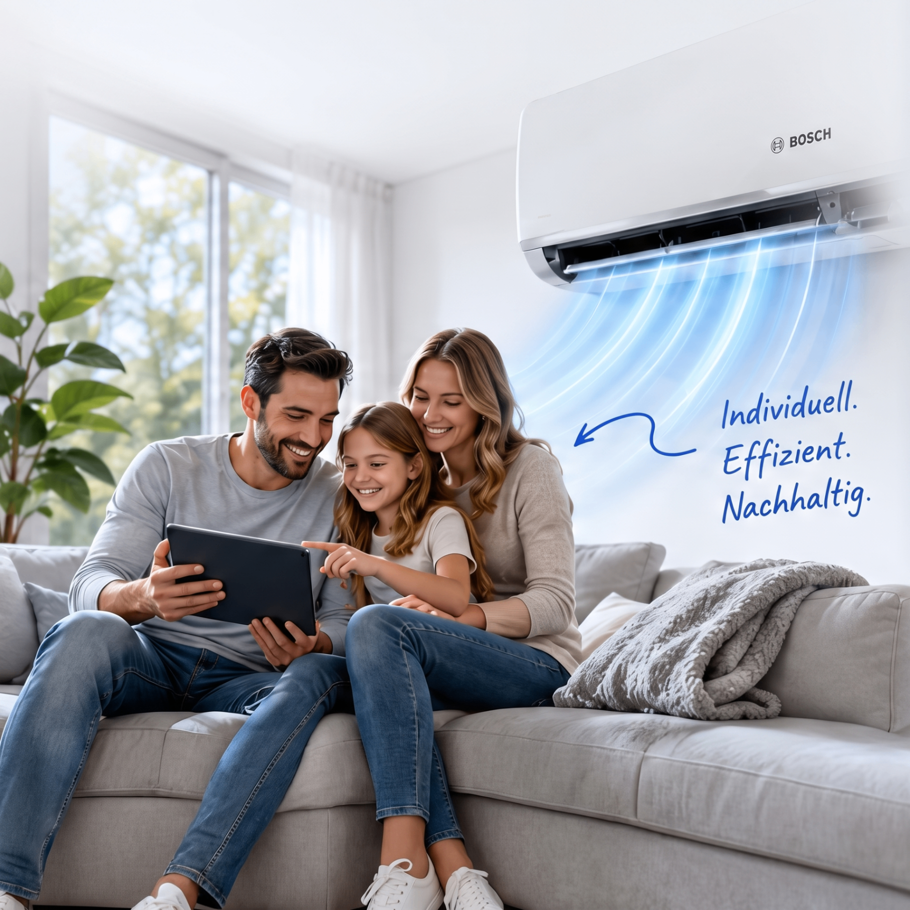 Familie auf dem Sofa mit Bosch Klimaanlage im Hintergrund